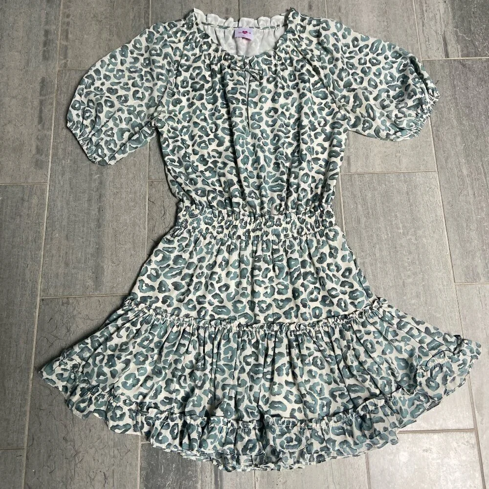 Buddy Love Ray Elastic Waist Short Sleeve Mini Dress Green Leopard Print Size M